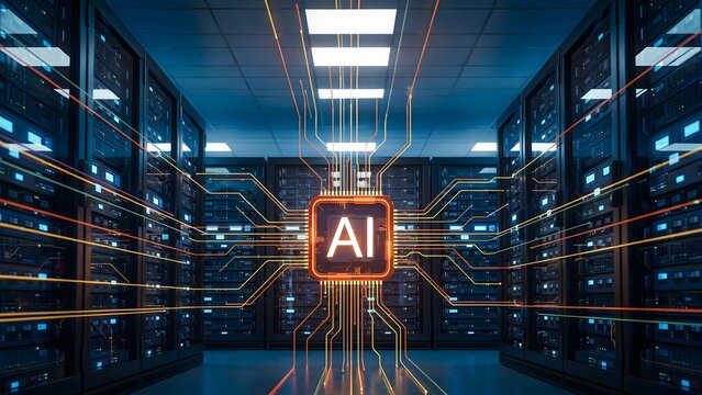 Large AI server room with rows of computer equipment and technology