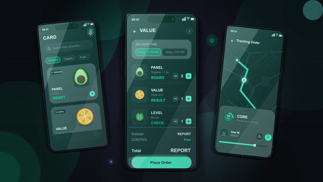 Dark themed grocery delivery mobile app interface on three smartphones showing product cards, checkout cart, and order tracking map in vector style.