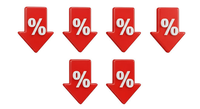 Red Downward Arrows with Percentage Symbol Indicating Decrease or Discount on White Background