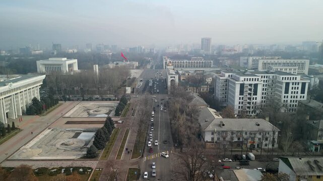 Bishkek State History Museum and Chuy Avenue, drone forward flight