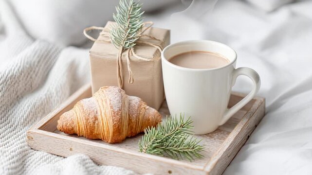 Cozy breakfast scene with croissant, gift, and coffee on a wooden tray