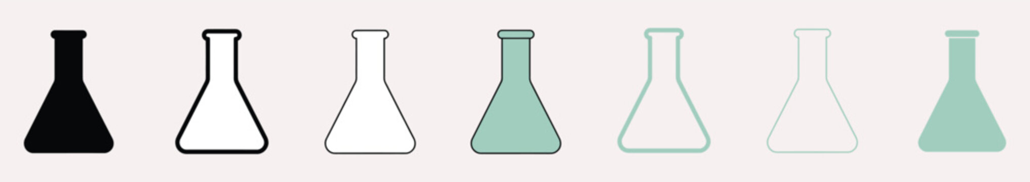 Laboratory erlenmeyer flasks, six variations, in black, white, and teal colors beakers science