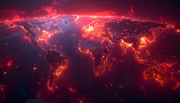 A nighttime view of a glowing world map with illuminated cities across continents showing human activity.