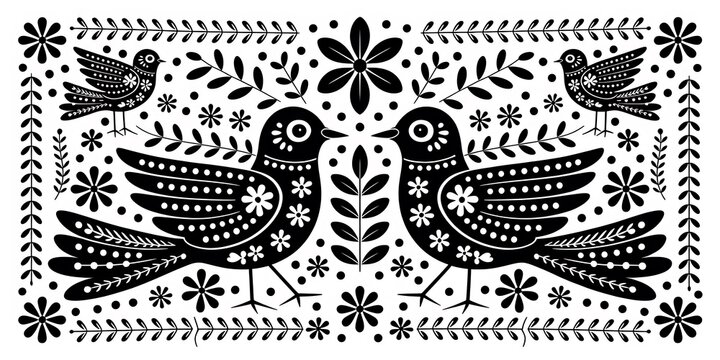 black and white illustration of birds and flowers on white background