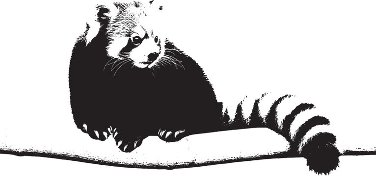 Black and white graphic illustration of a cute red panda sitting on a tree branch isolated on transparent background, Vector