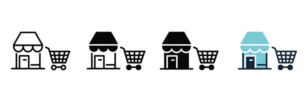 Four distinct variations of a store and shopping cart icon set featuring bold black lines solid shapes and a soft blue color accent designed for modern digital user interfaces