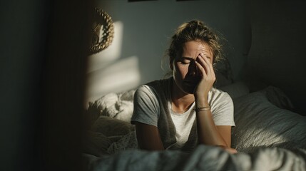 Obraz premium Woman sitting on the edge of her bed, rubbing weary eyes after the alarm sounds, illustrating fatigue, sleeplessness, and the struggle of an early workday morning in softly lit natural bedroom light 