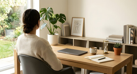 Fototapeta premium Young woman working on laptop in bright minimalist home office