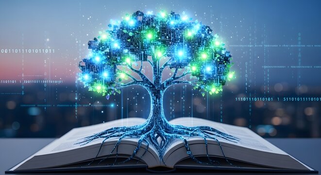 Digital knowledge tree growing from open book, glowing blue data network and binary code, futuristic education and artificial intelligence concept