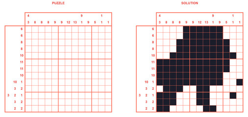 Fototapeta premium Puzzle and completed illustration of a dinosaur in black squares 