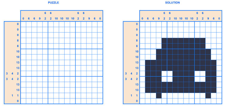 Nonogram puzzle grid and completed solution depicting an alien  