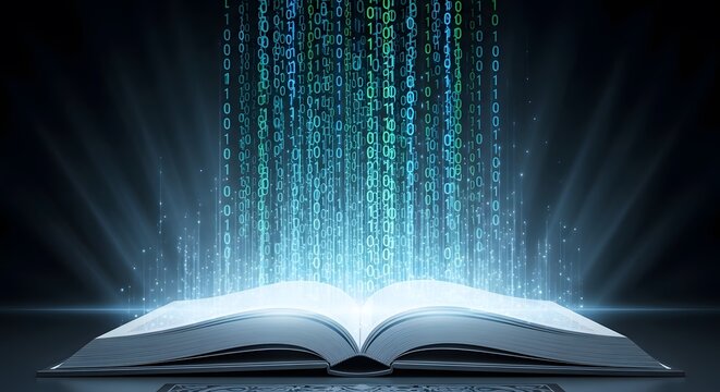 Digital binary code glowing from open book, futuristic cyber technology concept, glowing blue data stream emerging from pages of a textbook