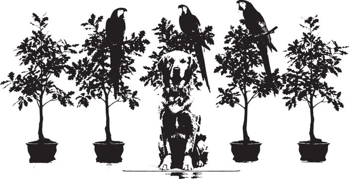 Black and white silhouette of a dog sitting between potted trees with parrots perched on top branches isolated on transparent background, Vector