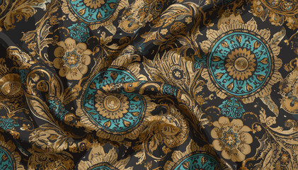 A close-up view of a richly detailed fabric with a dark background and intricate golden and teal floral and paisley patterns. © agus