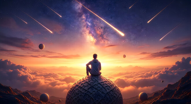 Lonely Man Sitting on Alien Planet Watching Meteor Shower