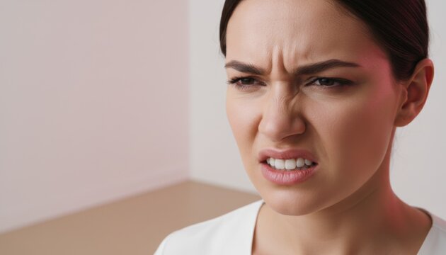 Close up portrait of a young woman with a disgusted facial expression showing bare teeth and wrinkled nose