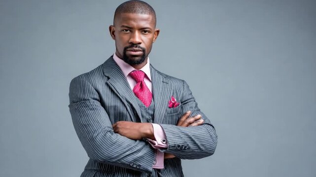 Confident Businessman: A determined man in a sharp grey pinstripe suit, pink tie, and pocket square, with arms crossed and a serious expression, embodies professionalism and success.