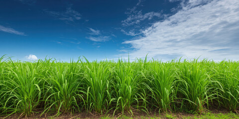 Obraz premium Sugarcane plantation green field tropical crop farm landscape blue sky cloudy sky rural land agricultural field tall grass sunny day lush vegetation crop row plantation fertile soil countryside