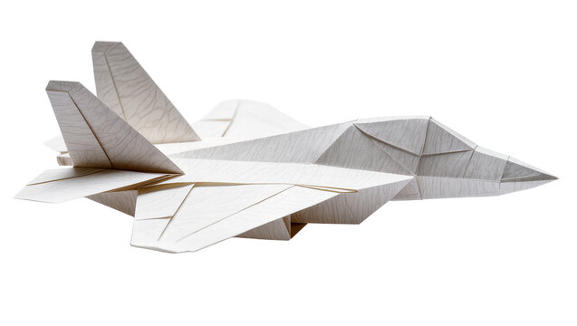 Isolated geometric origami paper airplane model, modern folded jet with wood texture design