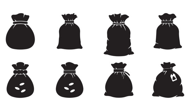 Burlap sack icons set, black silhouette of 8 flour and grain bags, rustic fabric pouch vector illustrations for farm and bakery packaging