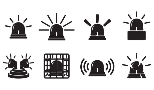 Emergency siren icon set with 8 black vector elements, police flasher and ambulance light symbols, security alarm and warning beacon signs