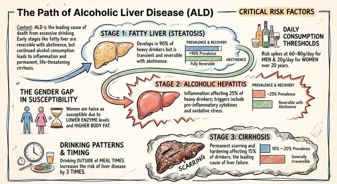 Educational infographic illustrating alcoholic liver disease progression, risk factors, prevalence, and outcomes.