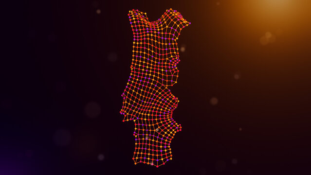 Portugal map visualization formed by interconnected digital mesh lines and colorful network nodes over a glowing purple and orange bokeh background, symbolizing innovation and connectivity.