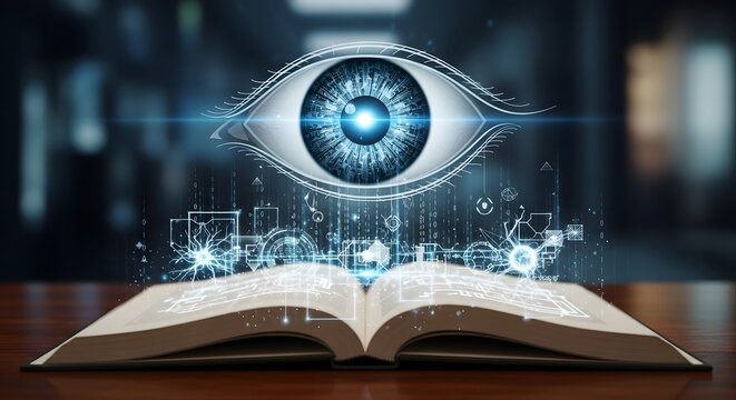 Futuristic digital eye hovering over open book, artificial intelligence and machine learning concept, glowing cybernetic eye scanning information