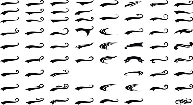 Typography swash and swoosh text tails black line vector set featuring calligraphic accents athletic underline banners and vintage script decoration elements