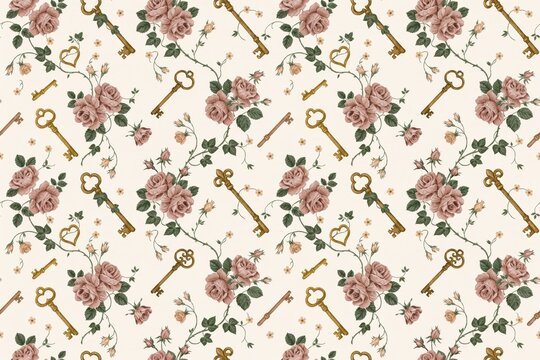 Romantic seamless pattern featuring vintage pink roses, climbing vines, and antique golden keys on a soft cream-colored background texture