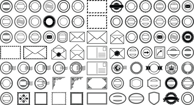 Vintage postmark and postal stamp line icon set featuring mail delivery envelopes cancellation marks retro rubber seals and postage frames vectors