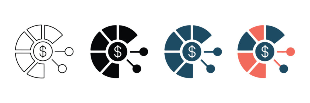 Four distinct financial pie chart icons displaying dollar signs and connected nodes in varying styles including thin line art solid black flat blue and modern multi colored graphic design vector