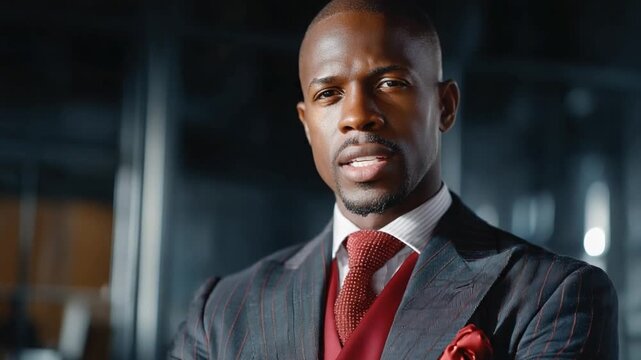 Successful Businessman Portrait: A confident and sophisticated African American man in a sharp pinstripe suit, a rich burgundy vest, and a matching tie exudes an aura of authority and success.