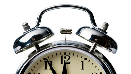 Isolated classic chrome alarm clock with twin bells and time close to midnight or noon © Cian