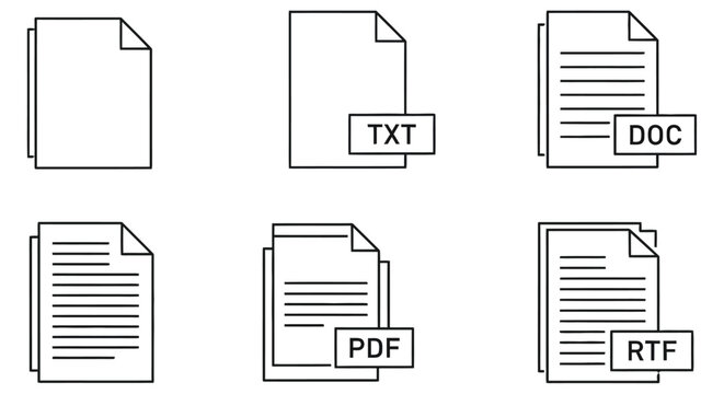 Document Icons With File Type Labels Black Line Art Style