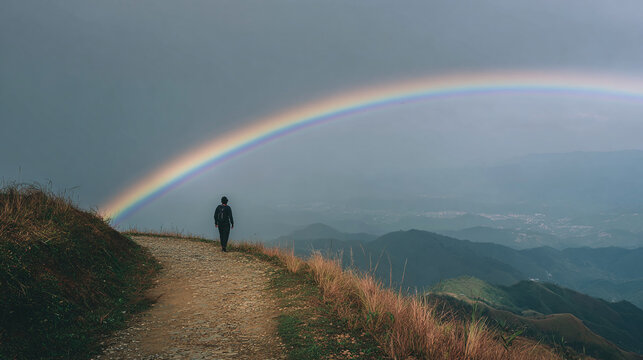 Solo hiker on mountain path with vibrant full rainbow over scenic landscape