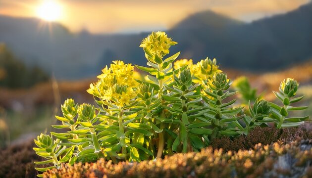 Rhodiola Rosea Plant With Yellow Flowers Growing In Bright Light Environment During Spring Season