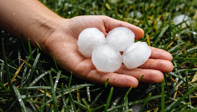 A person's hand holding large hailstones over wet green grass after a severe summer storm to show the impact of extreme weather and climate change.