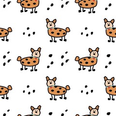 Fototapeta premium Cute Hand Drawn Spotted Dog Pattern on White Background