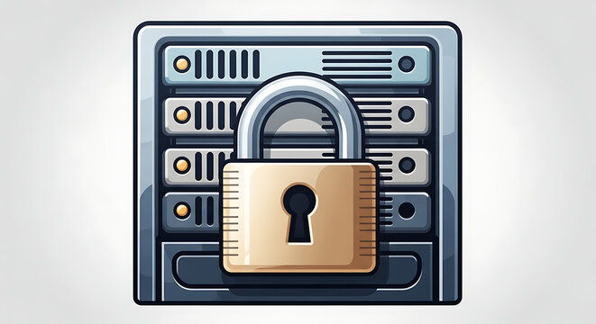 Secure server rack with a large padlock symbolizing data protection and cybersecurity.