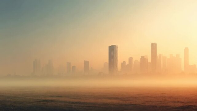 A breathtaking cityscape is partially obscured by thick fog at sunrise, giving the scene a surreal and ethereal quality. The silhouettes of high rise buildings evoke a sense of mystery and tranquility
