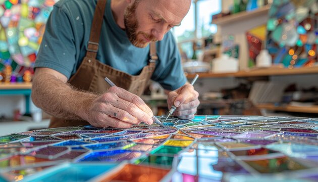 Artisan d'art assemblant minutieusement un vitrail color&eacute; en verre