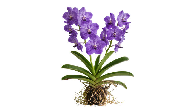 Isolated beautiful vibrant purple Vanda orchid plant with exposed roots and lush green leaves
