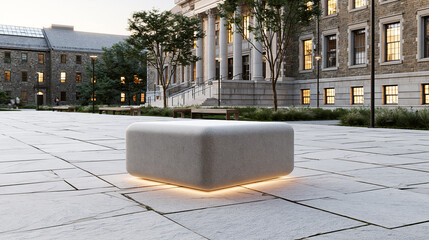 Obraz premium Modern Outdoor Seating with Subtle Illumination: A sleek, minimalist concrete bench with soft, integrated lighting sits prominently in a historic courtyard.