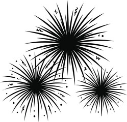 Fototapeta premium New Year - Monochrome Vector Silhouette Graphic Icon Set : Three Bursting Fireworks with Confetti Details Isolated on White Background