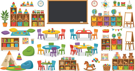 Kindergarten classroom furniture and playroom interior element vector set featuring preschool tables chairs bookshelves blackboard easel stand and educational toys © Sujon Shah