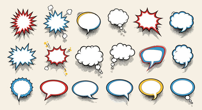 Collection of diverse comic book style speech bubbles and thought bubbles.