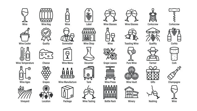 Black and white wine related icons and signs on transparent background