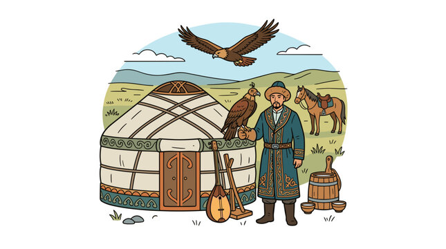 Man with eagle and yurt.