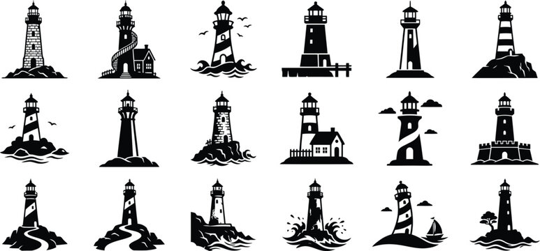 Lighthouse Silhouette and Coastal Navigation Vector Set.